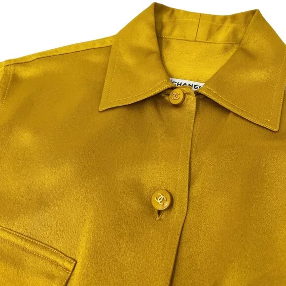 CHANEL Vintage CC Logo Shirt Top Button Up Pocket Yellow Gold Silk